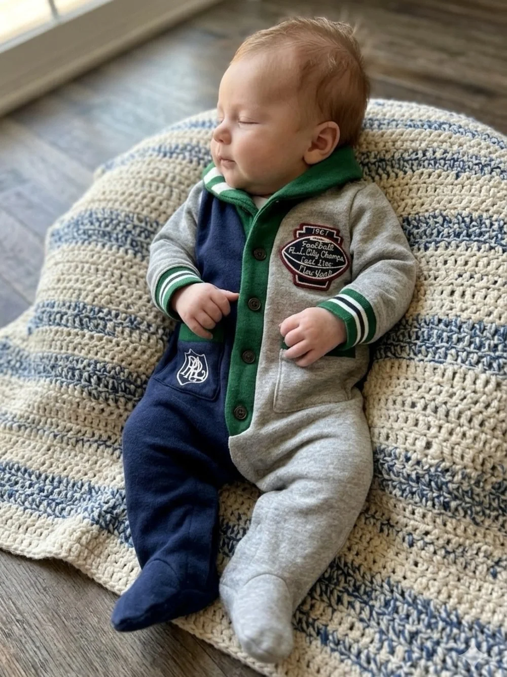 3M Ralph Lauren Baby Boy Colorblock Fleece Footie Coverall, Varsity Football